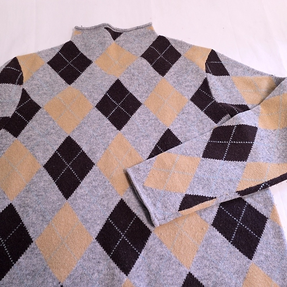 J.Crew Sweater Women M Grey Argyle 100% Lambswool Mock Neck Long Sleeve